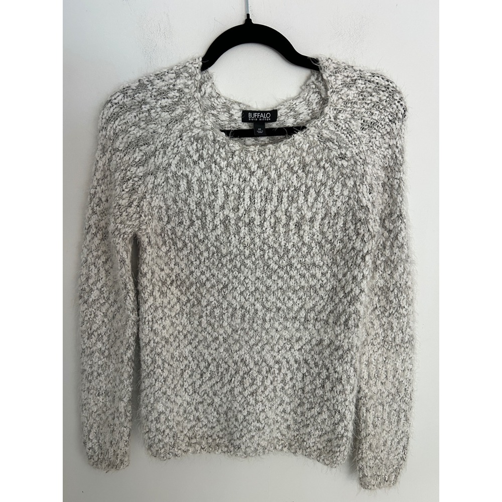 Buffalo David Bitton Womens XS Grey White Popcorn Eyelash Knit Sweater Raglan